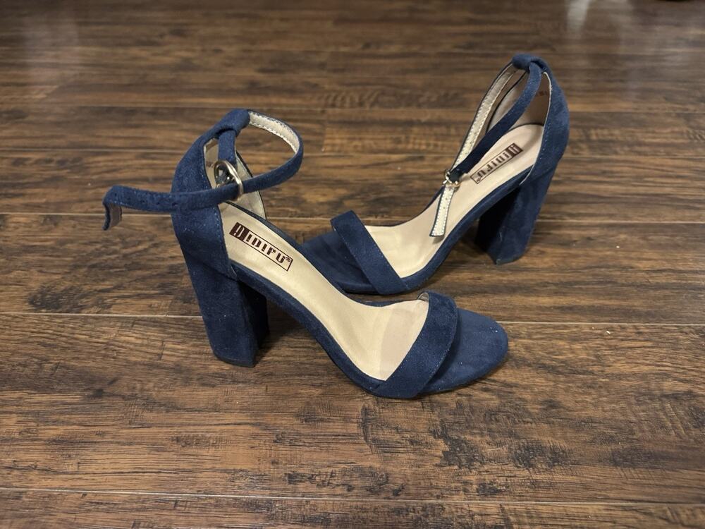 IDIFU Navy Blue Suede Ankle Strap Open Toe 4" Heel Size 6